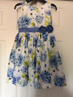 Gymboree White Dress with Blue Hydrangea Print and Blue Sash